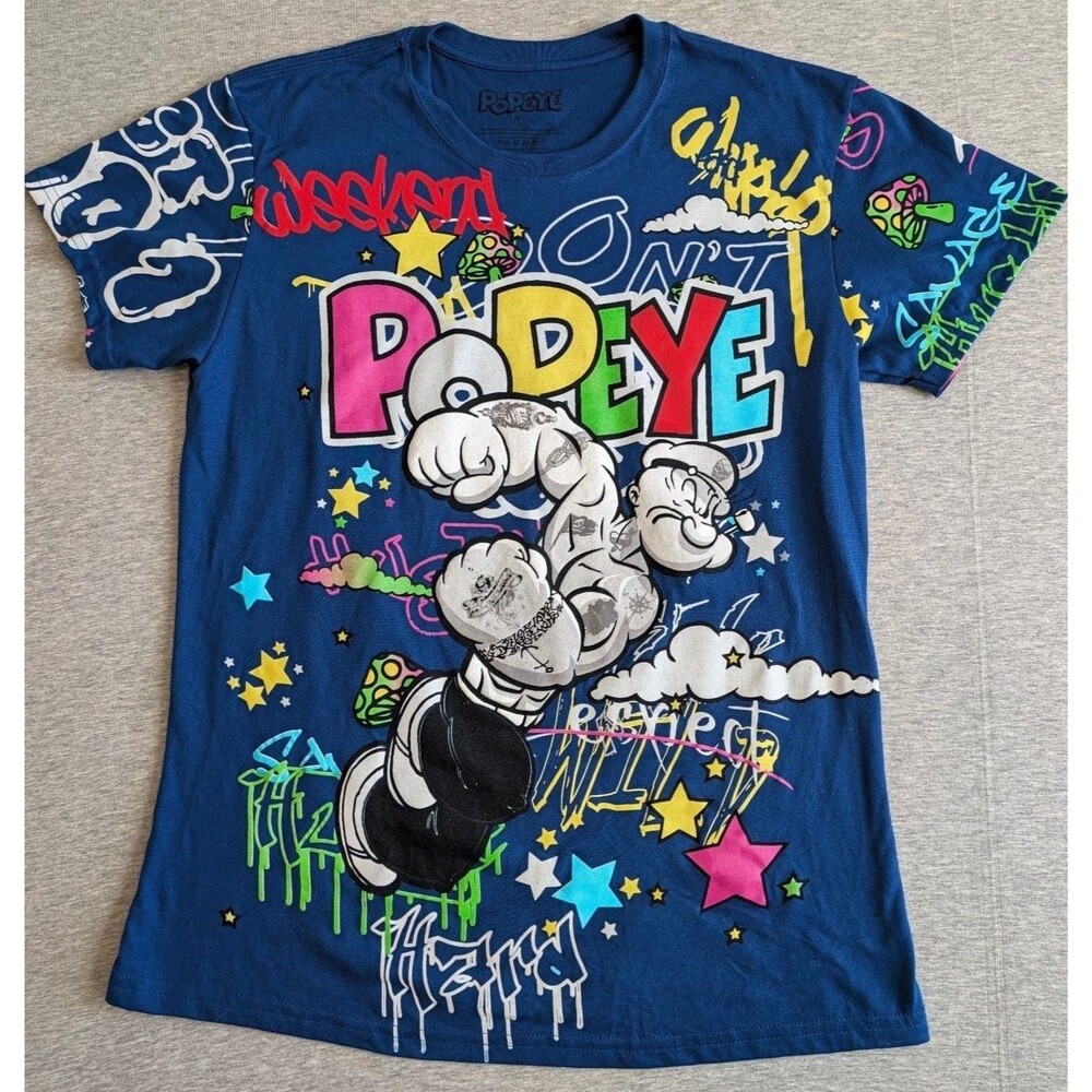 Popeye Graffiti T-Shirt Size L Blue All Over Print Graphic Sailor Man